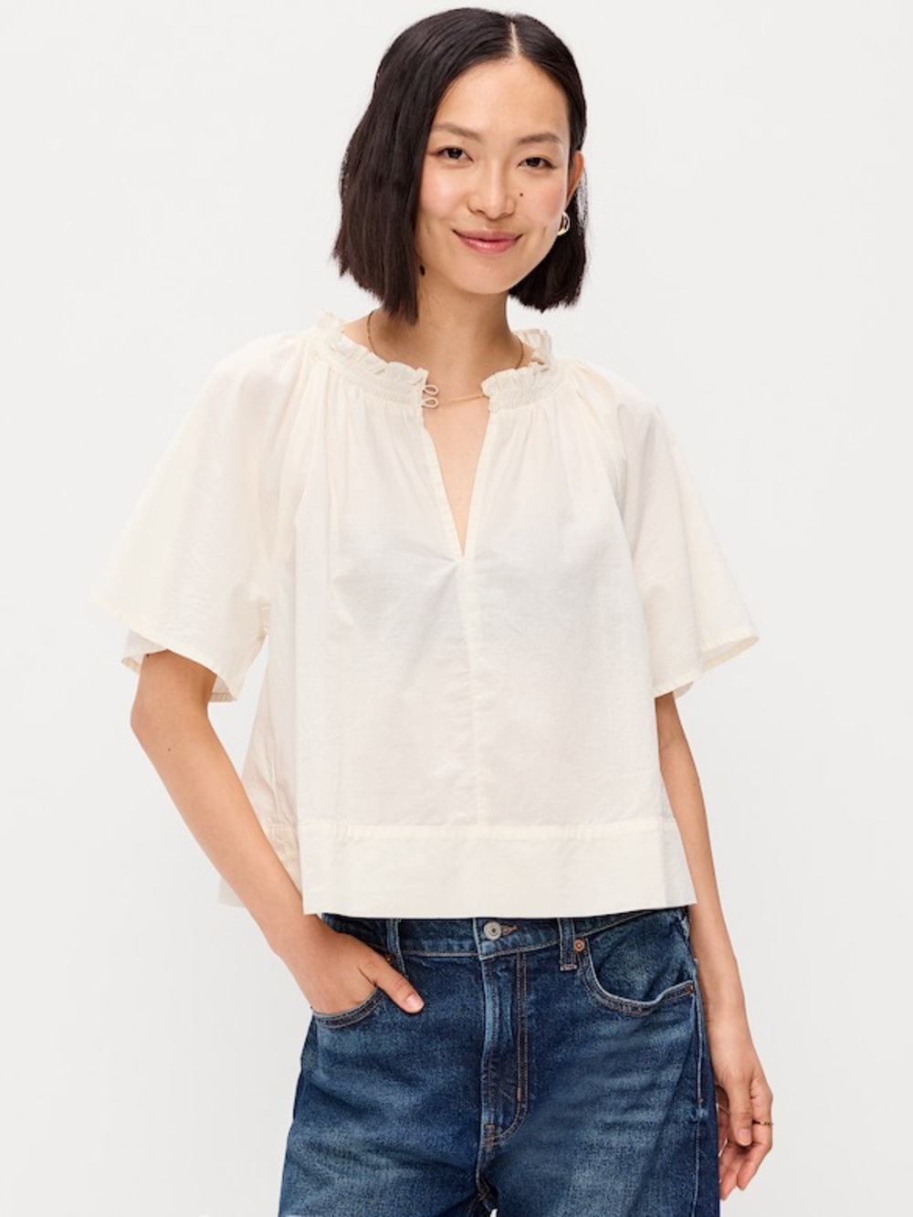 Old Navy Ruffle Neck Loose Short Sleeve Cream Top